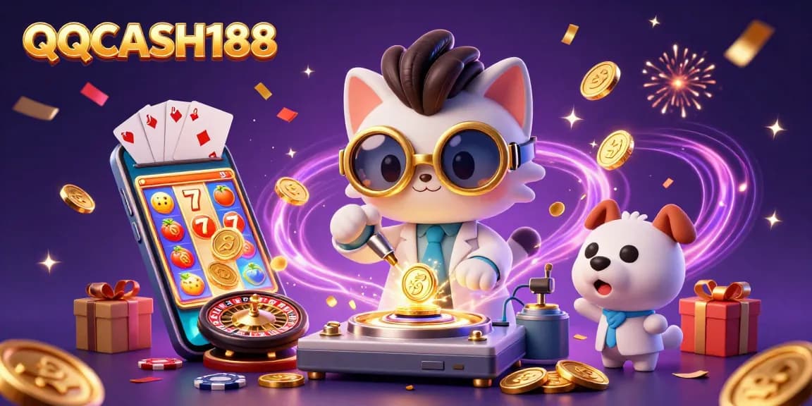 QQCASH188 showcases a lively 3D scene of a mad scientist cat and dog, surrounded by exciting slot game elements and celebrations.