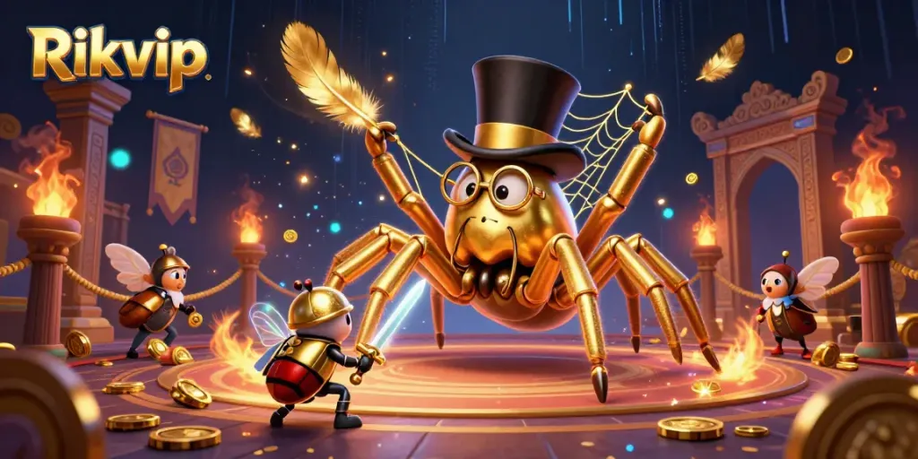 Victory at Rikvip: cartoon characters in a dynamic casino arena celebrating wins with golden details.