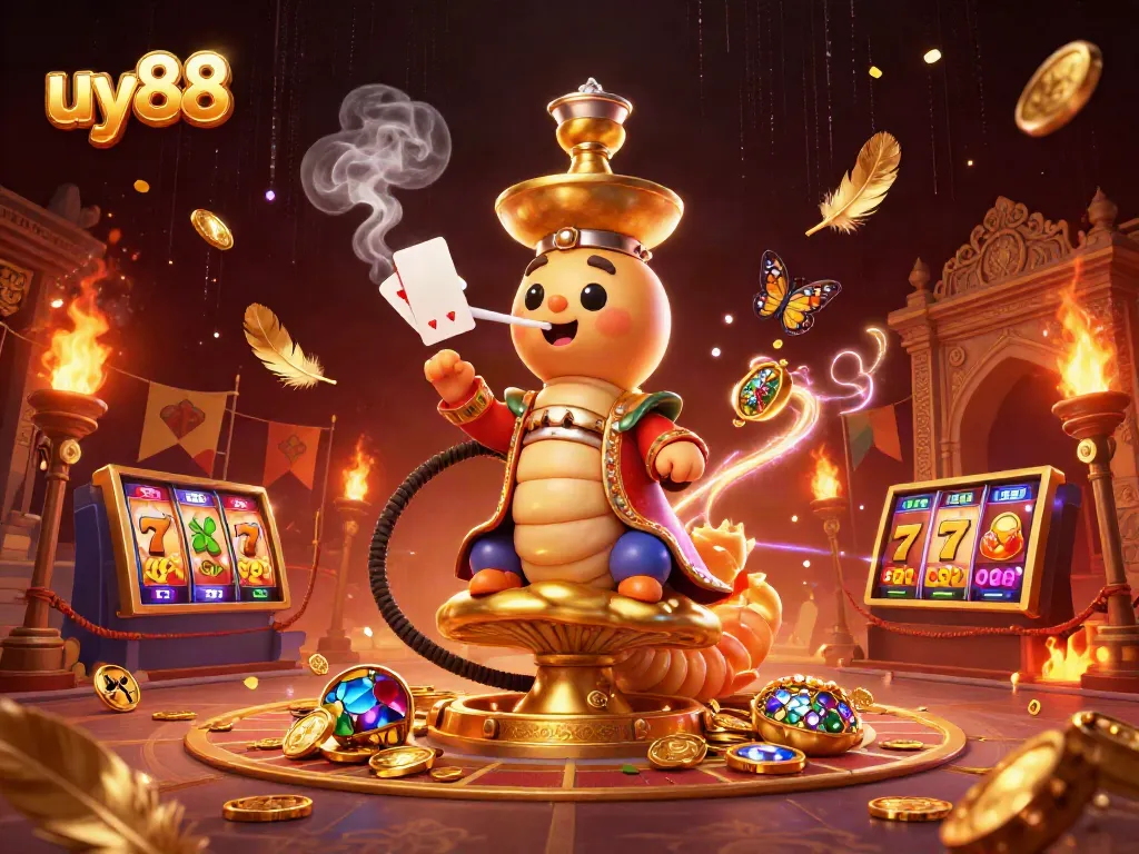 Experience the vibrant uy88 gaming scene with the caterpillar hookah-master amidst dazzling casino elements.