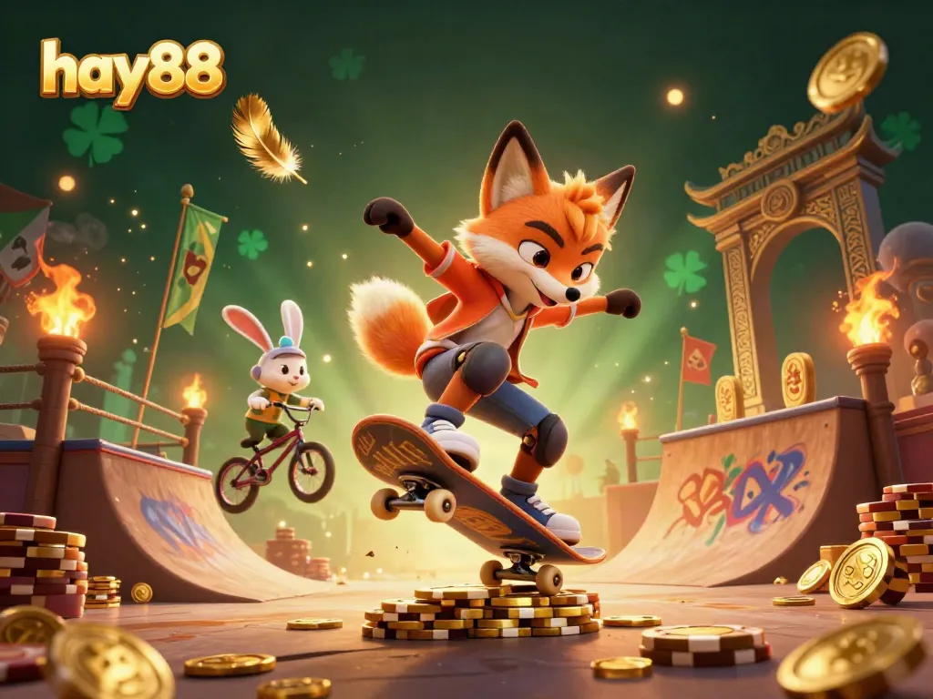 Engage with hay88's vibrant 3D casino scene featuring a skateboarder fox and BMX-riding rabbit with dynamic gaming elements.