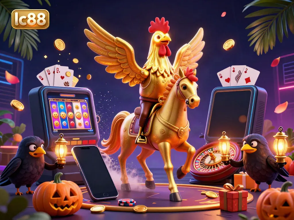 Experience the thrill of lc88 with this vibrant casino scene featuring a golden rooster and exciting game elements.