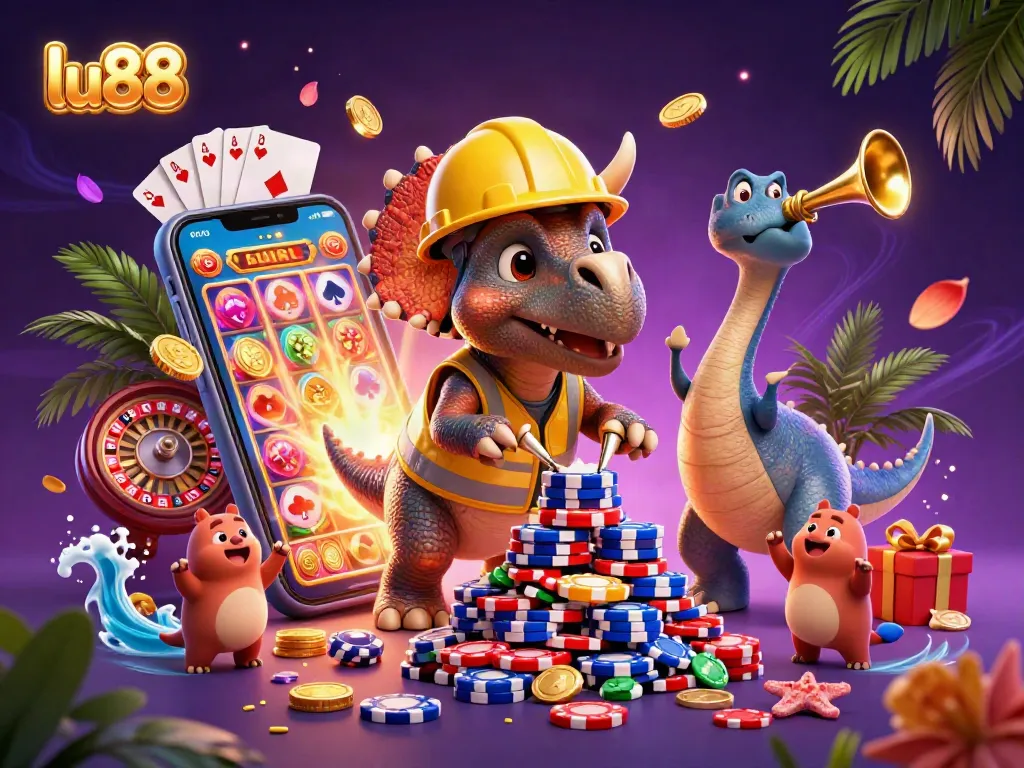 Experience exciting gameplay with lu88 as a triceratops builds poker chip pyramids amid a vibrant casino scene.