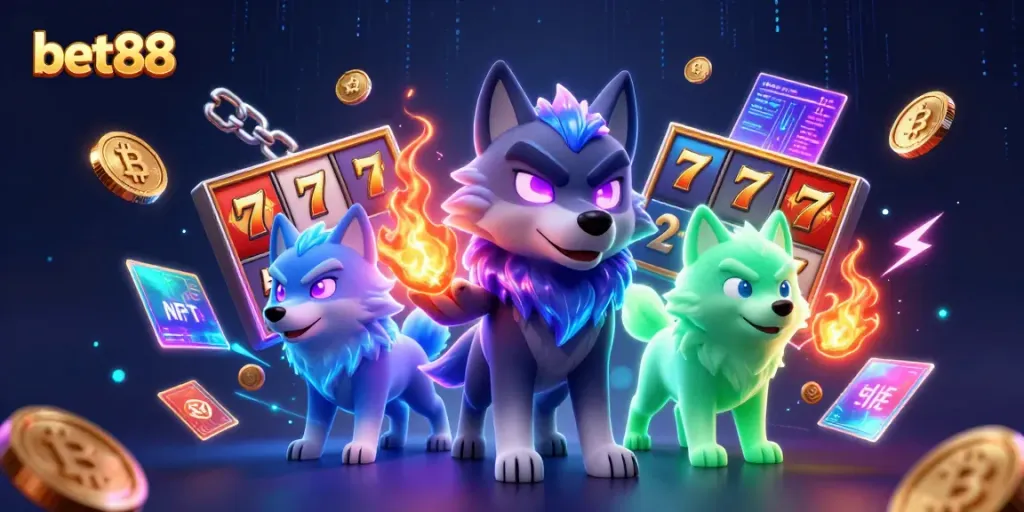 Engage with bet88's thrilling casino world featuring wolves, slot elements, and vibrant crypto visuals.
