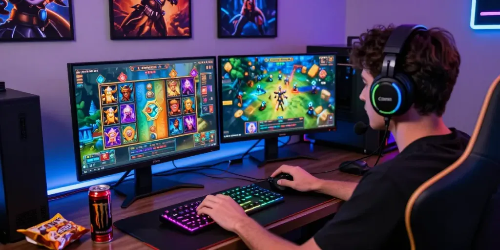 Engaged gamer using lumbung88 platform with colorful slot games and vibrant gaming setup.