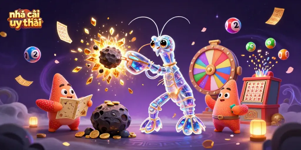 Exciting scene illustrating nhà cái uy tín with a samurai mantis shrimp battling through an asteroid while a starfish navigates, vibrant casino elements around