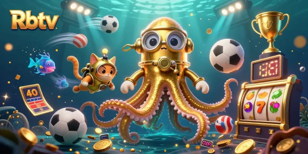 Taruhan olahraga Rbtv dengan ilustrasi kartun 3D kraken dan bola olahraga berkilauan.