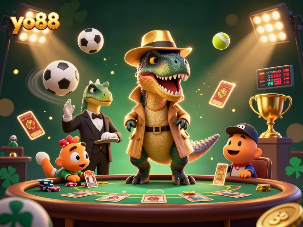 Engage in thrilling blackjack action with yo88's dynamic casino illustration featuring a card counting velociraptor.
