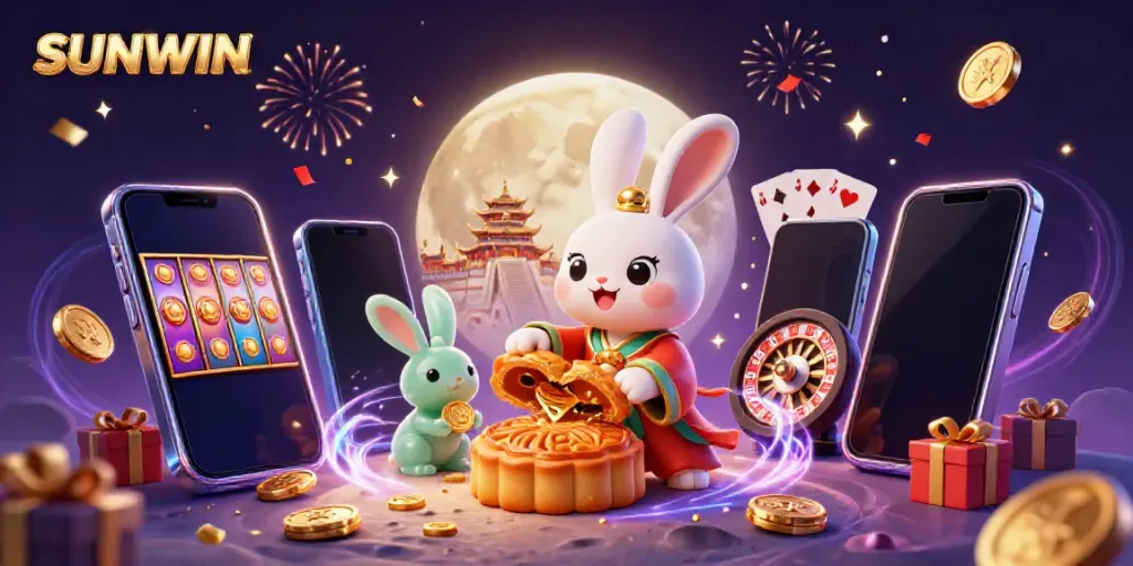 Experience thrilling gaming at SUNWIN with a vibrant illustration showcasing lucky moon rabbits and casino elements.