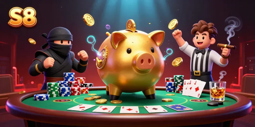 S8 brings thrilling wins with dynamic gaming action featuring colorful poker chips and vibrant characters.