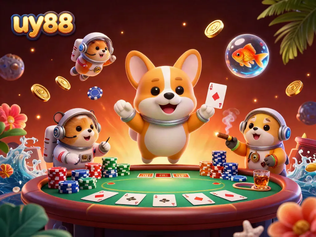 Engage with uy88's vibrant 3D casino scene featuring a floating corgi astronaut amidst drifting poker chips and coins.