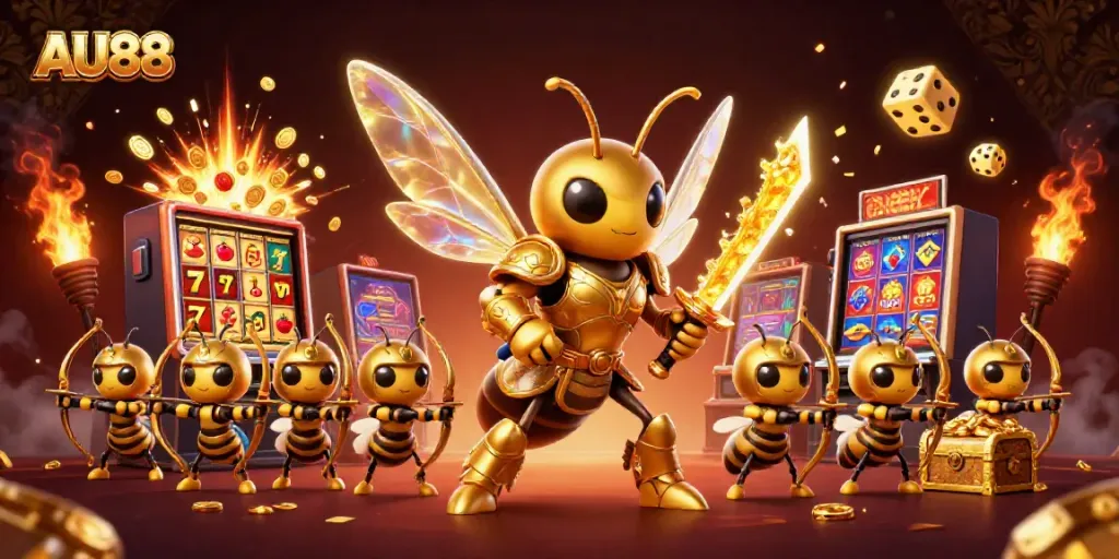 Experience the vibrant and enticing world of AU88 with a dazzling 3D casino scene featuring a golden samurai hornet.