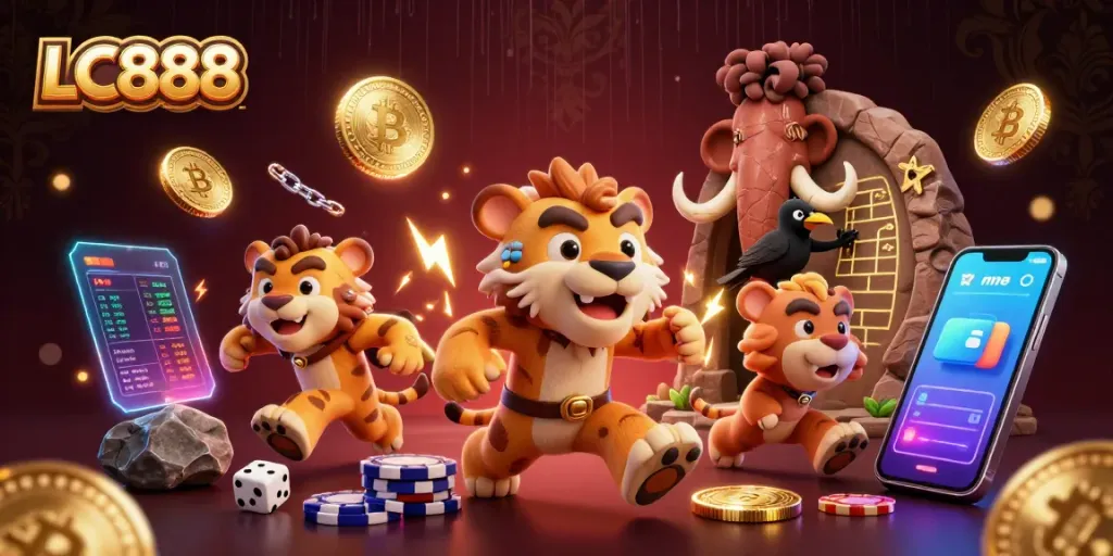 LC888 casino adventure with caveman and sabertooth tiger captivating players amidst vibrant gaming elements.