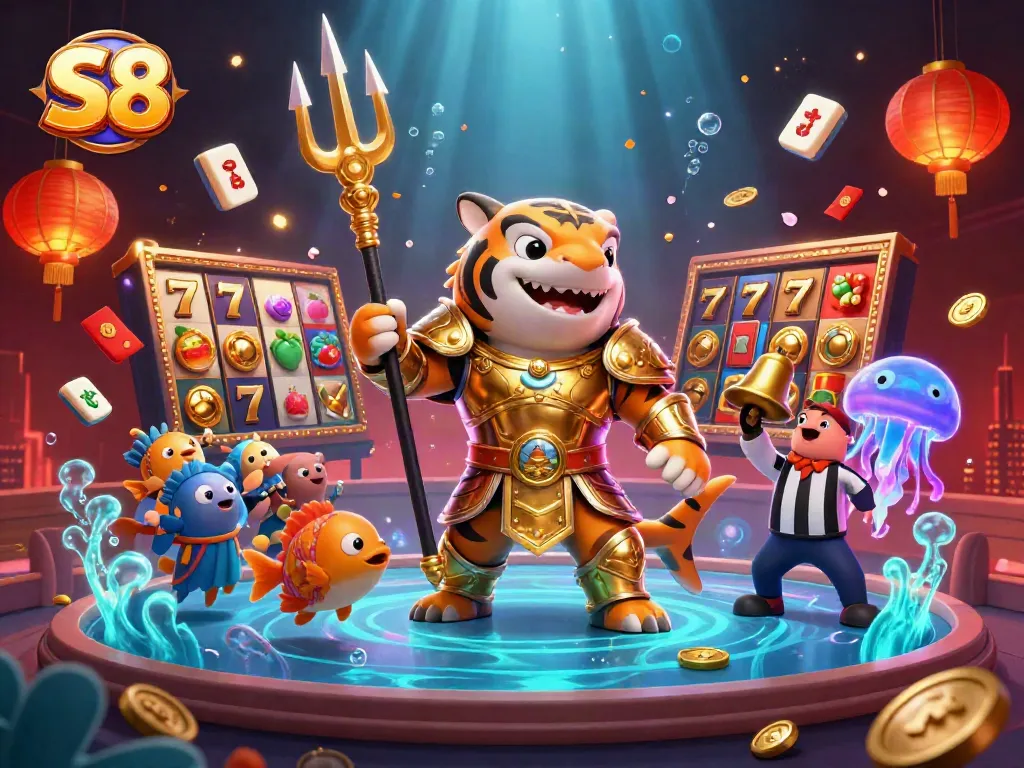 S8 casino dynamic scene featuring a tiger shark in gladiator armor amidst slot game elements and festive decorations.
