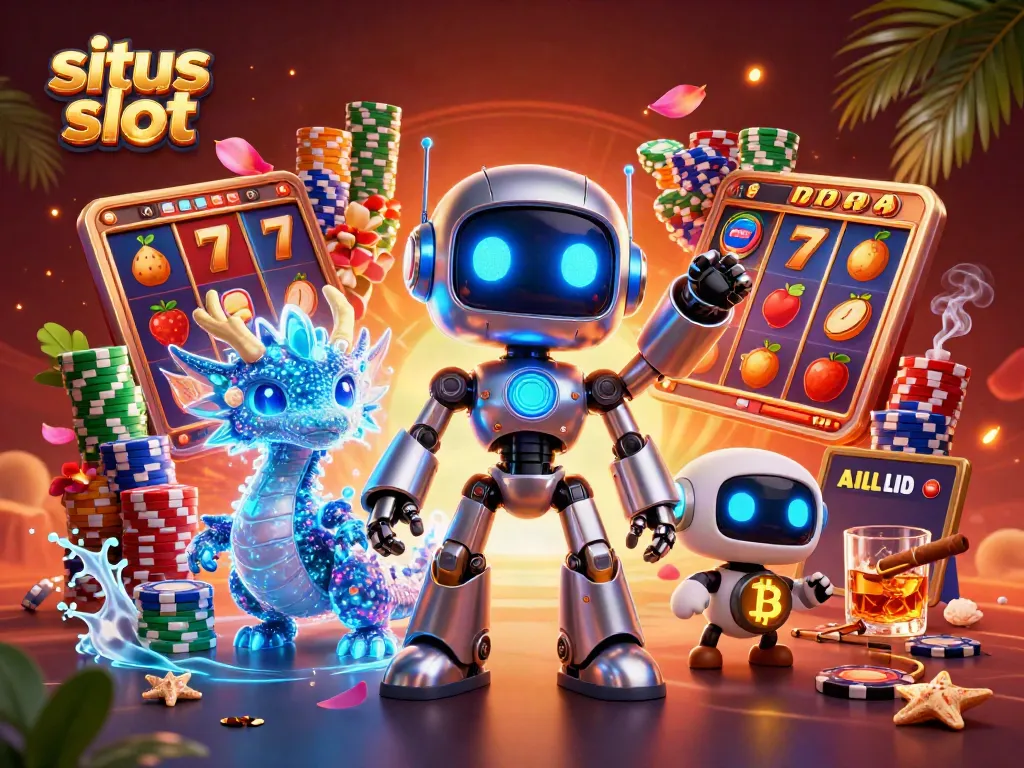 Situs slot illustration featuring a cyberpunk robot and vibrant slot game elements for an engaging gaming experience.