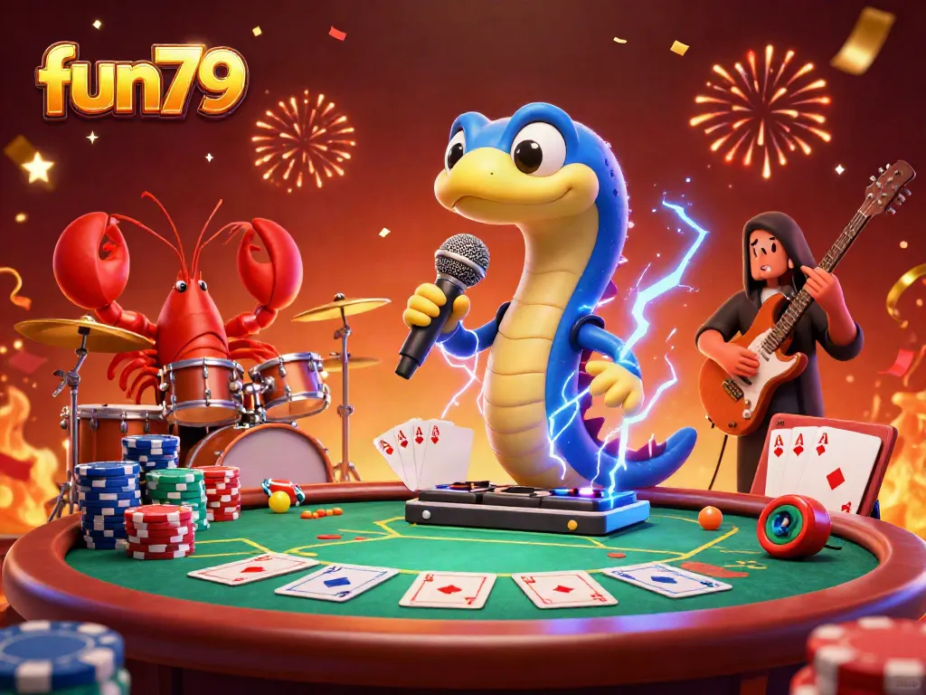 Experience fun79 with a vibrant underwater casino performance featuring a DJ eel and musicians.