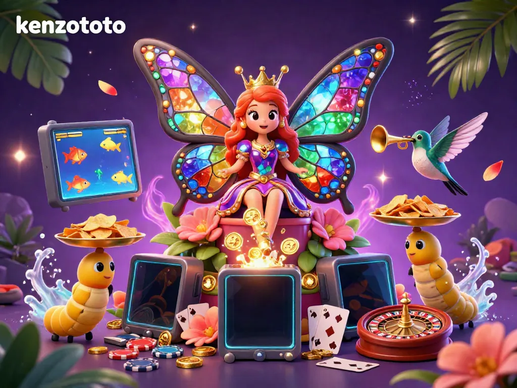 Engage in thrilling fish shooting games with kenzototo, depicted by a colorful butterfly queen and golden chips.