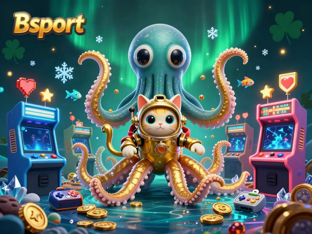 Experience Bsport's thrilling casino adventures with a kraken and diving cat amidst glowing arcade games.