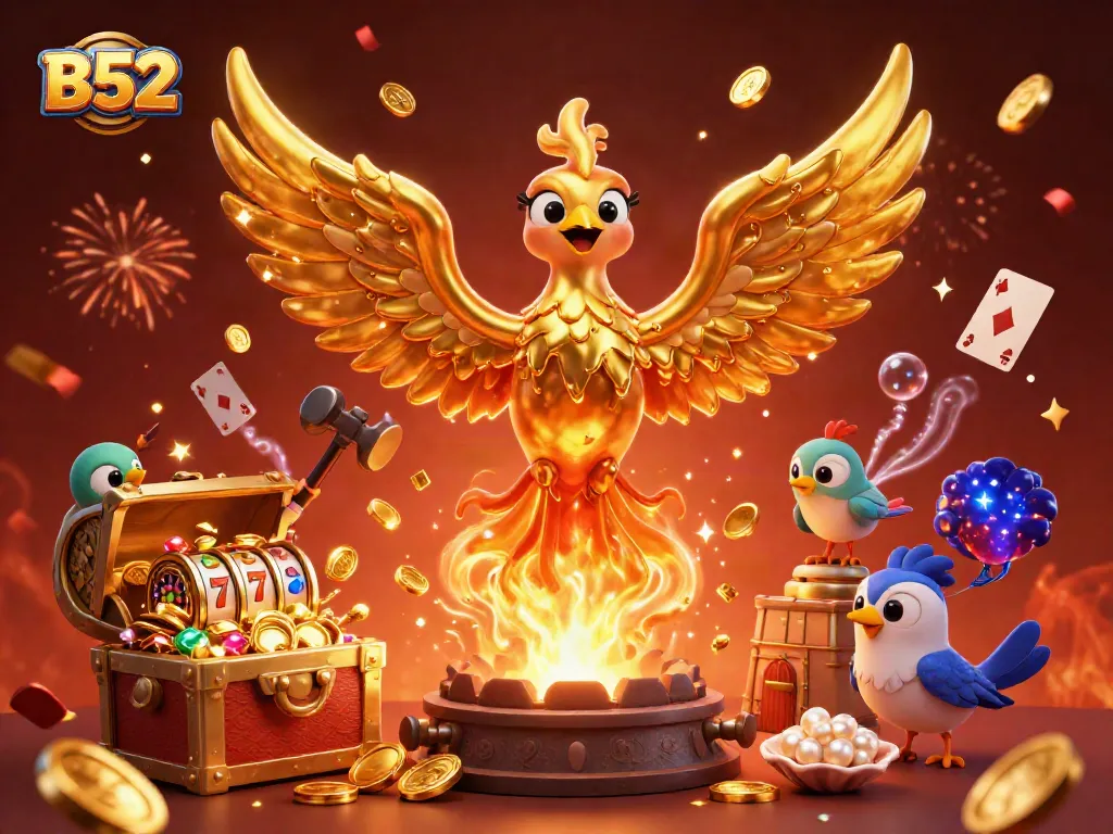 Engage with B52's thrilling gaming atmosphere featuring a golden phoenix and treasures in a dynamic casino scene.