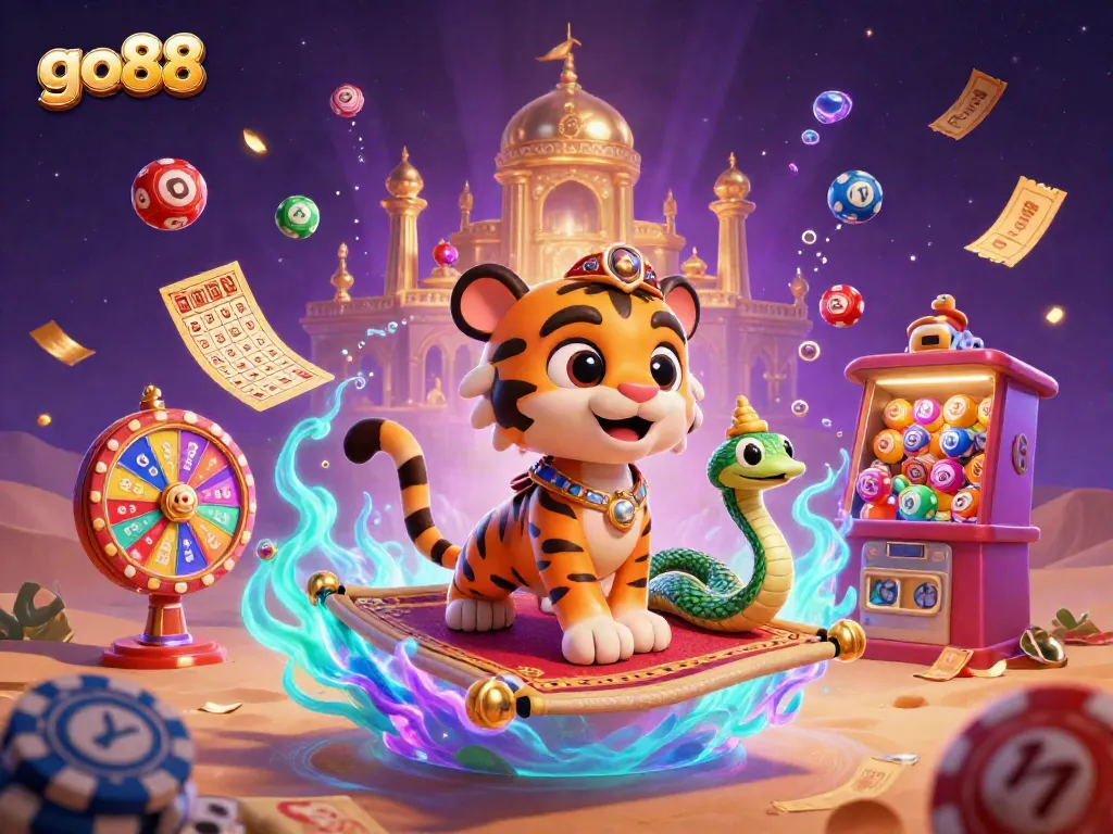 Experience excitement at go88 with a vibrant 3D casino scene featuring a tiger sultan, lottery balls, and magical elements.