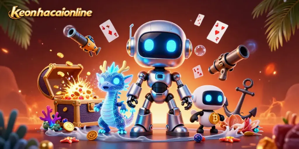Engage with the vibrant keonhacaionline universe as a cyberpunk robot, AI dragon, and drone symbolize winning strategies in online gaming.