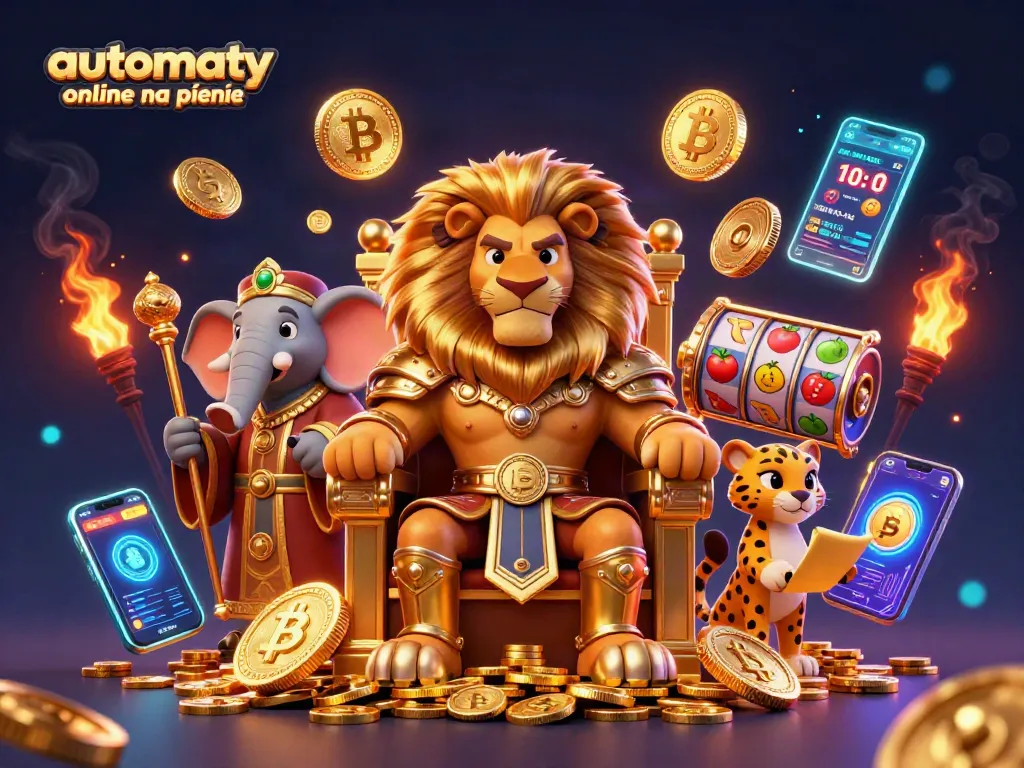 Engage in automaty online na pieniądze with a vibrant 3D casino scene featuring a lion king and crypto elements.