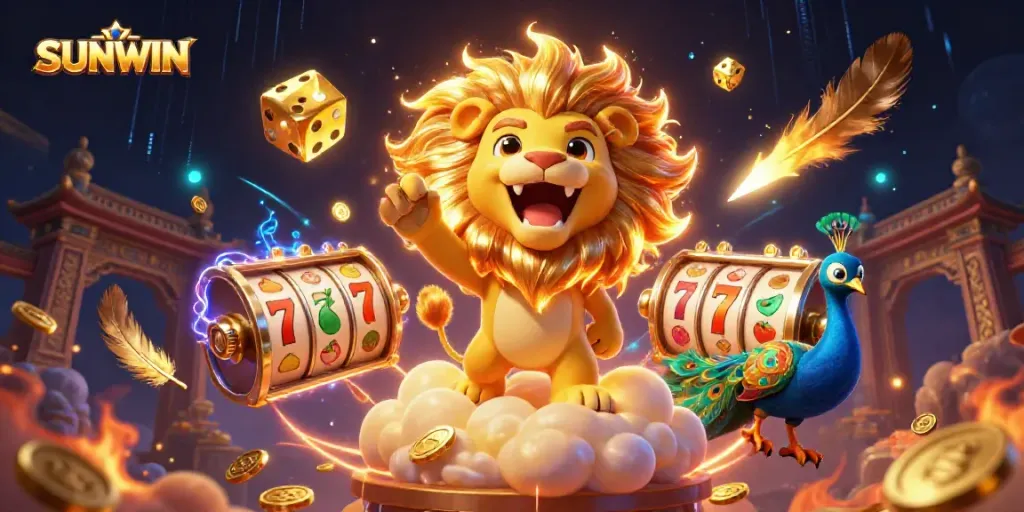 Experience luck and excitement with SUNWIN's dynamic gaming scene featuring a roaring sun lion and vibrant slot elements.