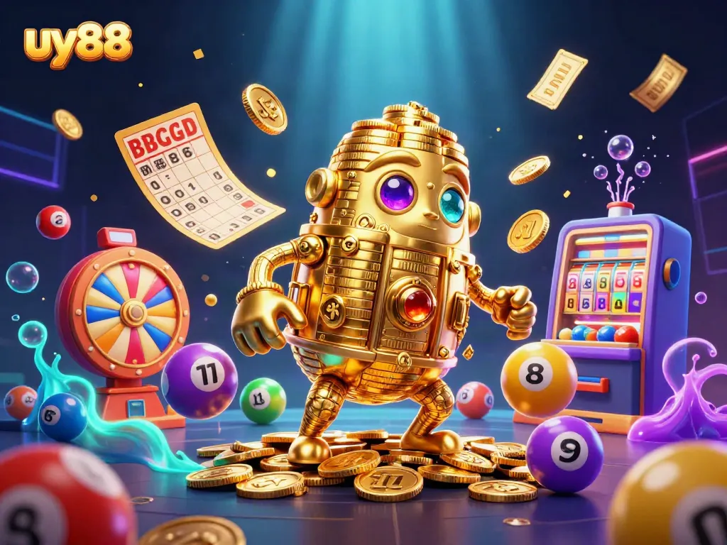 Experience the excitement of uy88 with dynamic lottery balls, golden golem, and vibrant casino elements.