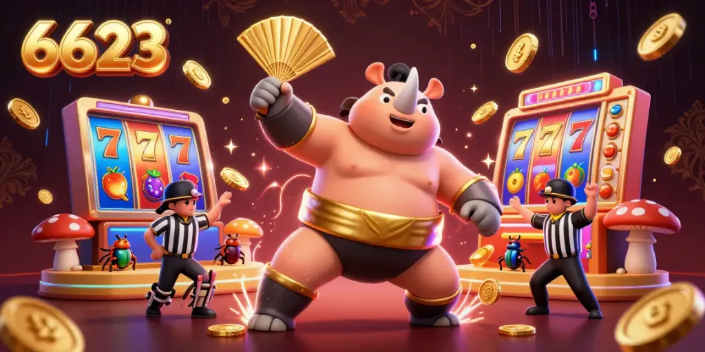 Witness the rhinoceros beetle champion stomping jackpot coins in a vibrant casino, symbolizing 6623's gaming excitement.