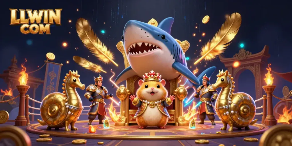 Engage with dynamic gaming action featuring LLWIN COM, a hamster king in a vibrant casino setting.