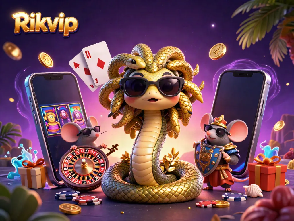 Experience exciting gaming at Rikvip with dynamic characters, colorful slot games, and vibrant casino elements in a captivating scene.