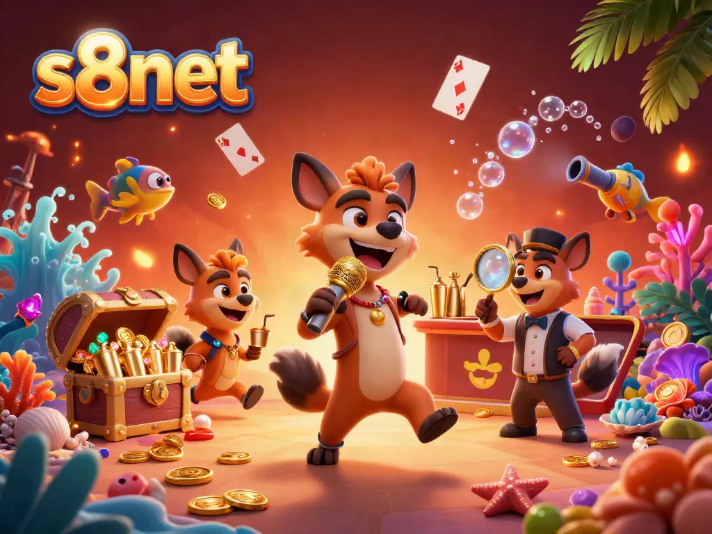3D cartoon hyenas perform in an engaging casino scene showcasing s8net's vibrant gaming atmosphere.