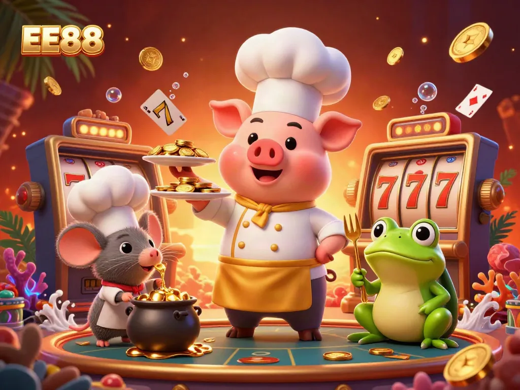Experience the thrill of EE88 with a lively 3D casino scene featuring a chef pig serving gold coins and vibrant slot machine elements.
