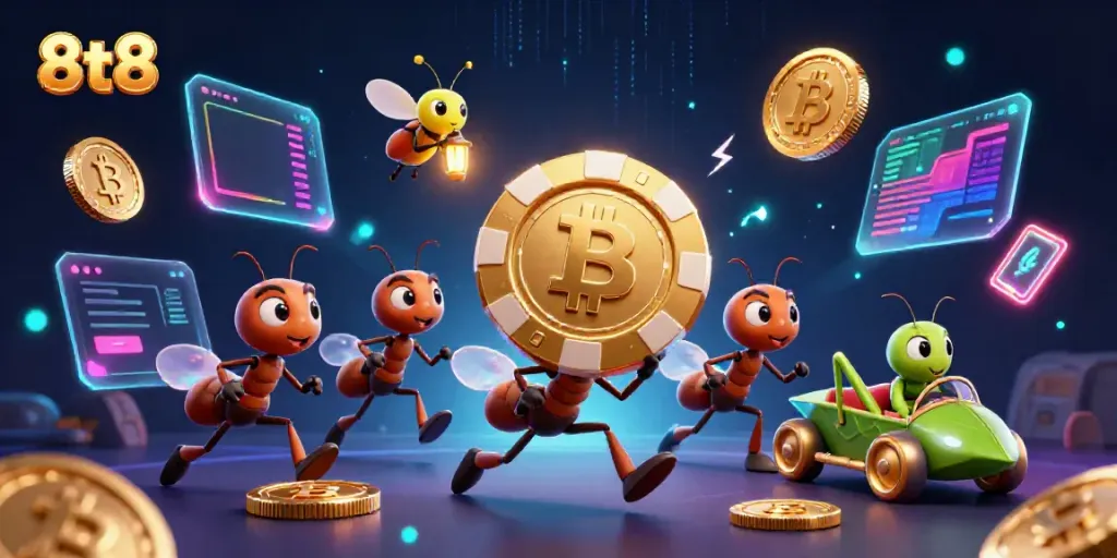 Engaging illustration of 8tt8-themed casino heist featuring ants with a giant golden poker chip.
