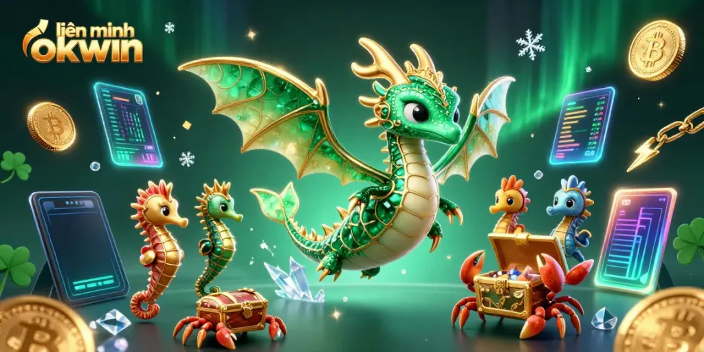 Engaging illustration of liên minh okwin showcasing a vibrant sea dragon and treasure chest amidst cryptocurrency elements for a casino theme.