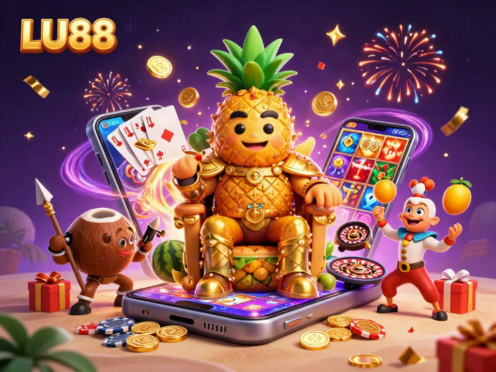 LU88 captivates players with dazzling slot games and thrilling casino elements in a vibrant digital illustration.