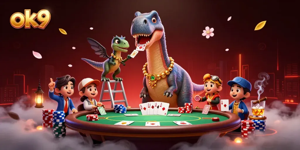 Engage with the exciting ok9 poker scene featuring a towering brontosaurus and a clever raptor dealer.