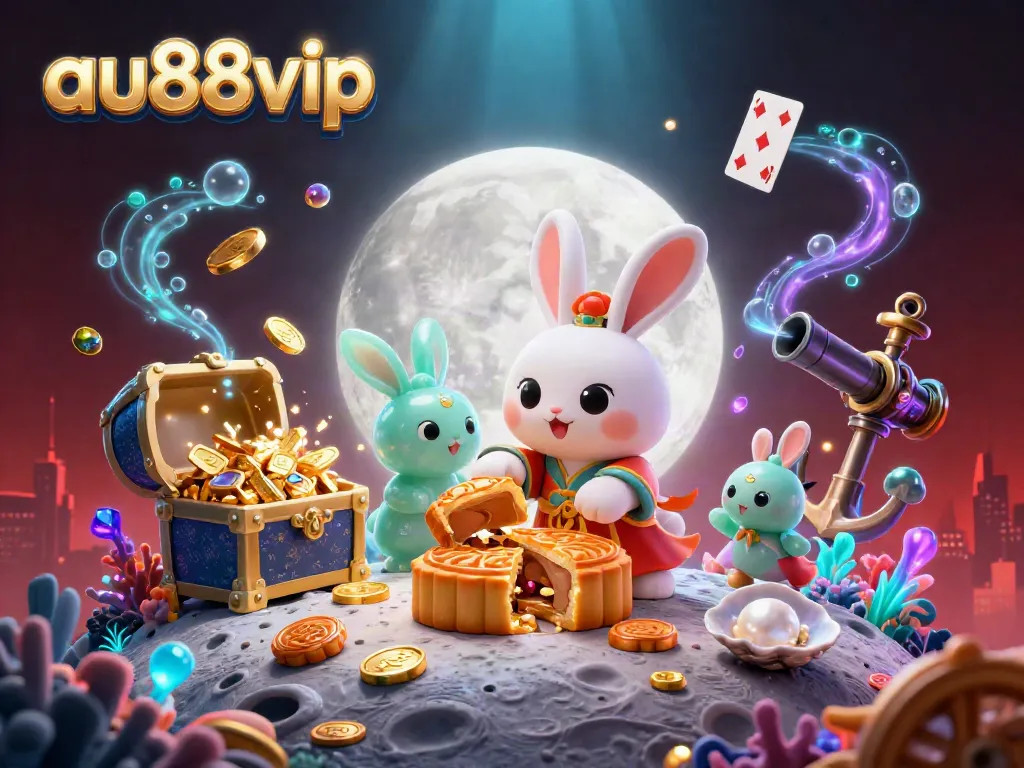 Experience the magic of au88vip with festive moon rabbits revealing poker chips on a vibrant lunar casino.