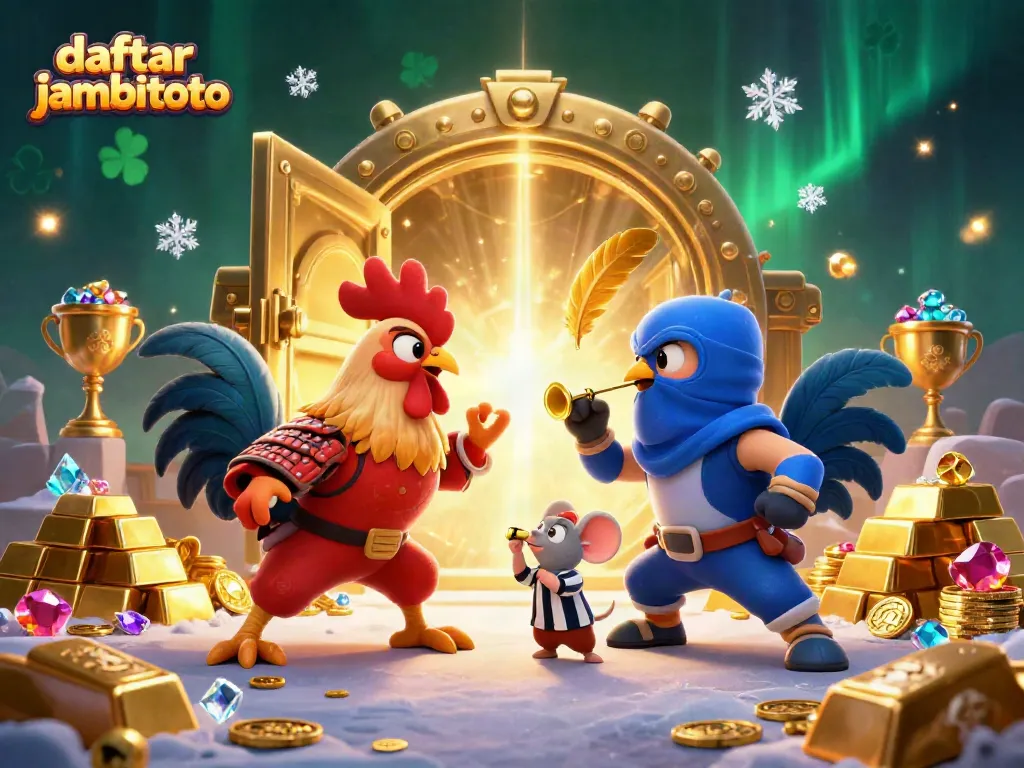 Engage with daftarbambitoto in vibrant roosters' showdown amidst treasure and gems.