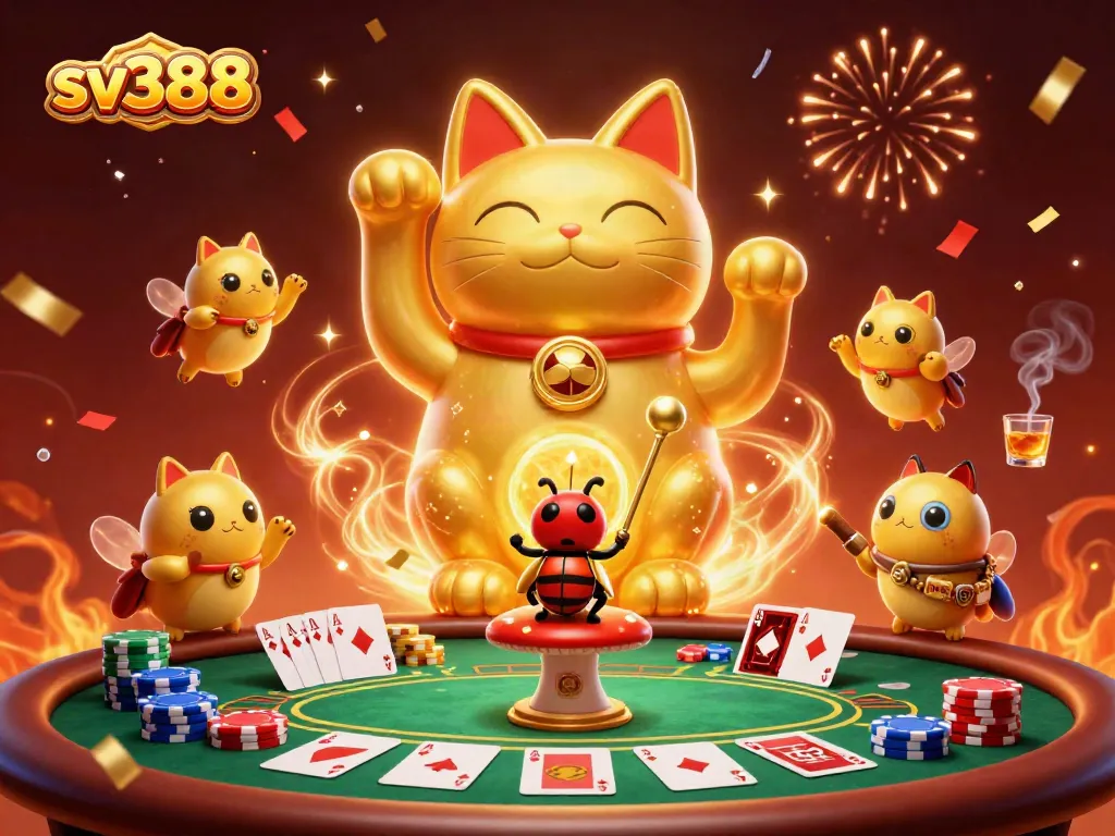 "Experience thrilling gameplay at sv388 with a vibrant golden lucky cat waving amidst dynamic casino symbols and poker elements."