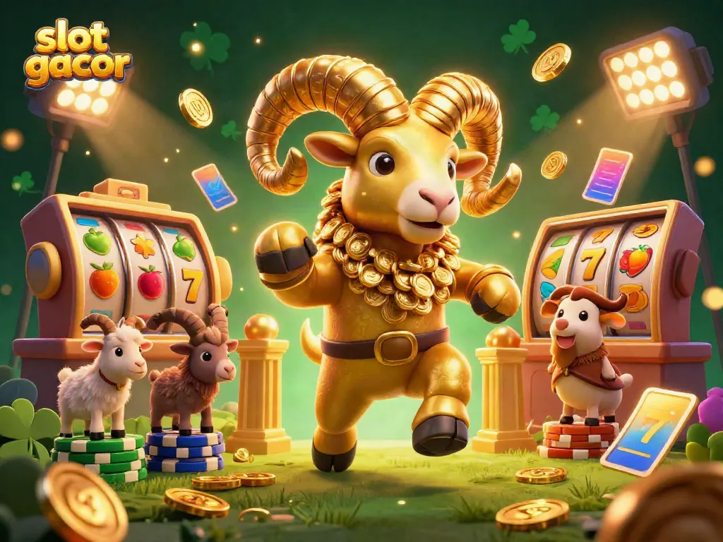 Menang besar di slot gacor dengan ram emas berlari melawan gerbang emas dikelilingi elemen permainan lainnya.