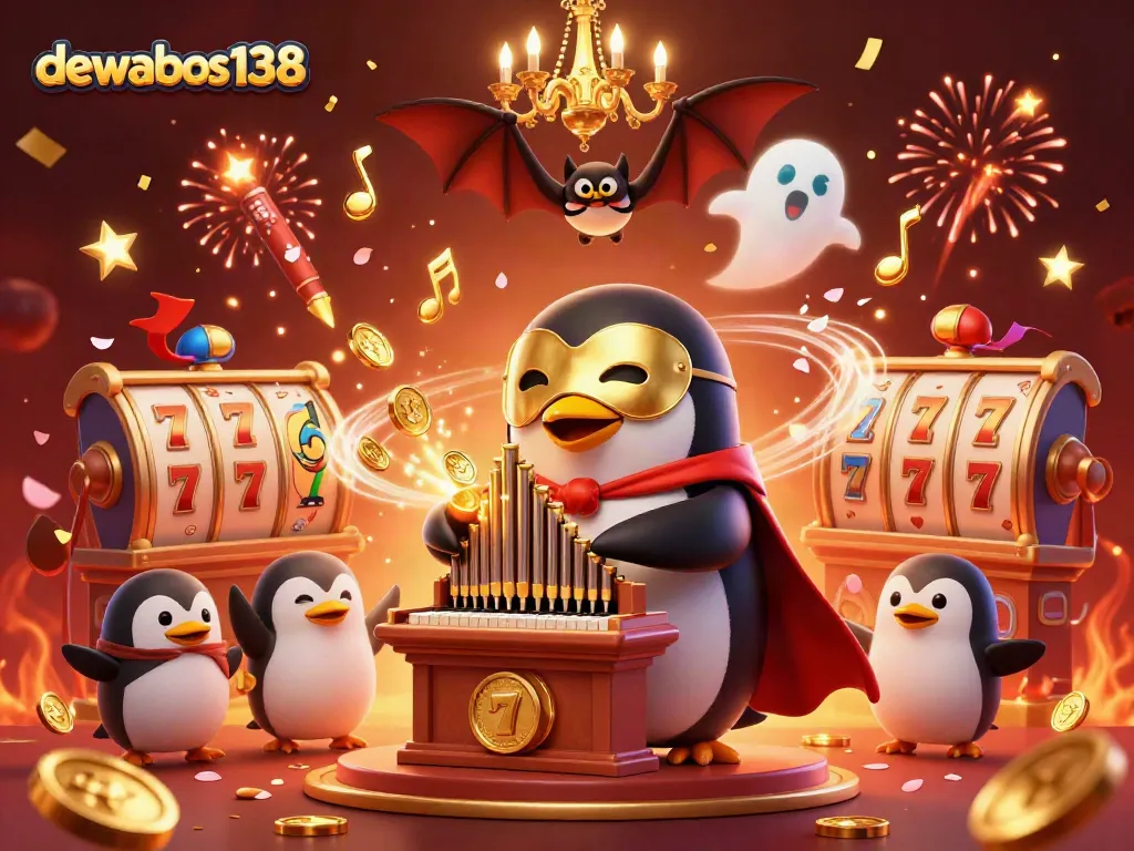 DEWABOS138 menghadirkan karakter kartun penguin beroperasi dengan elemen permainan slot terbang di sekelilingnya.