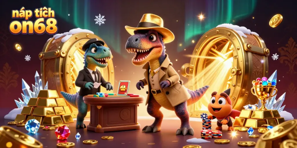 Experience nạp tiền on68 at a vibrant casino scene with cartoon characters showcasing excitement and action.