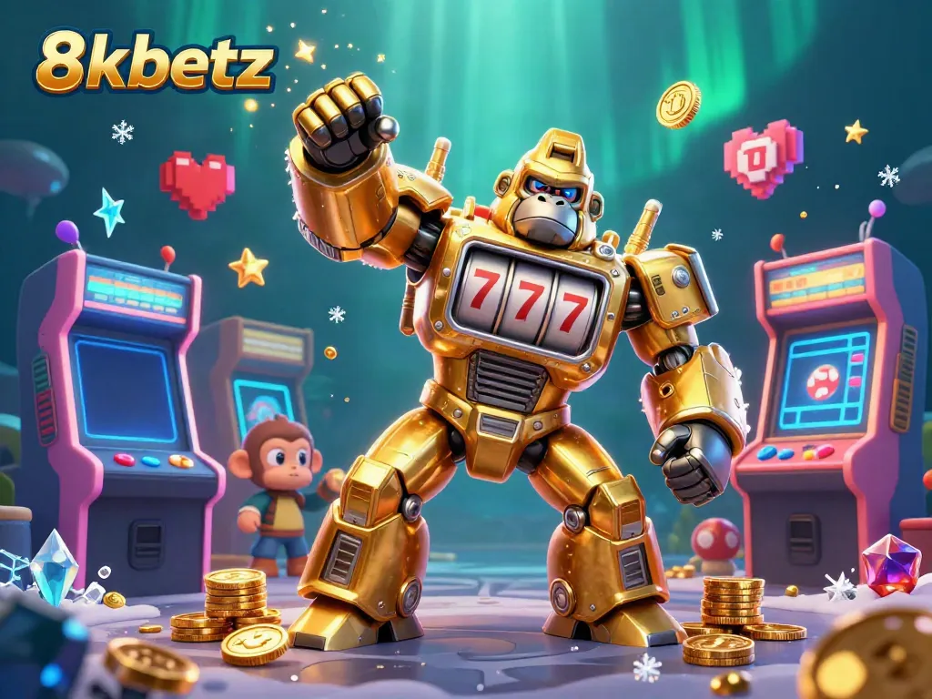 Experience the thrill of 8xbetz with an action-packed golden gorilla mech and dynamic gaming elements in motion.