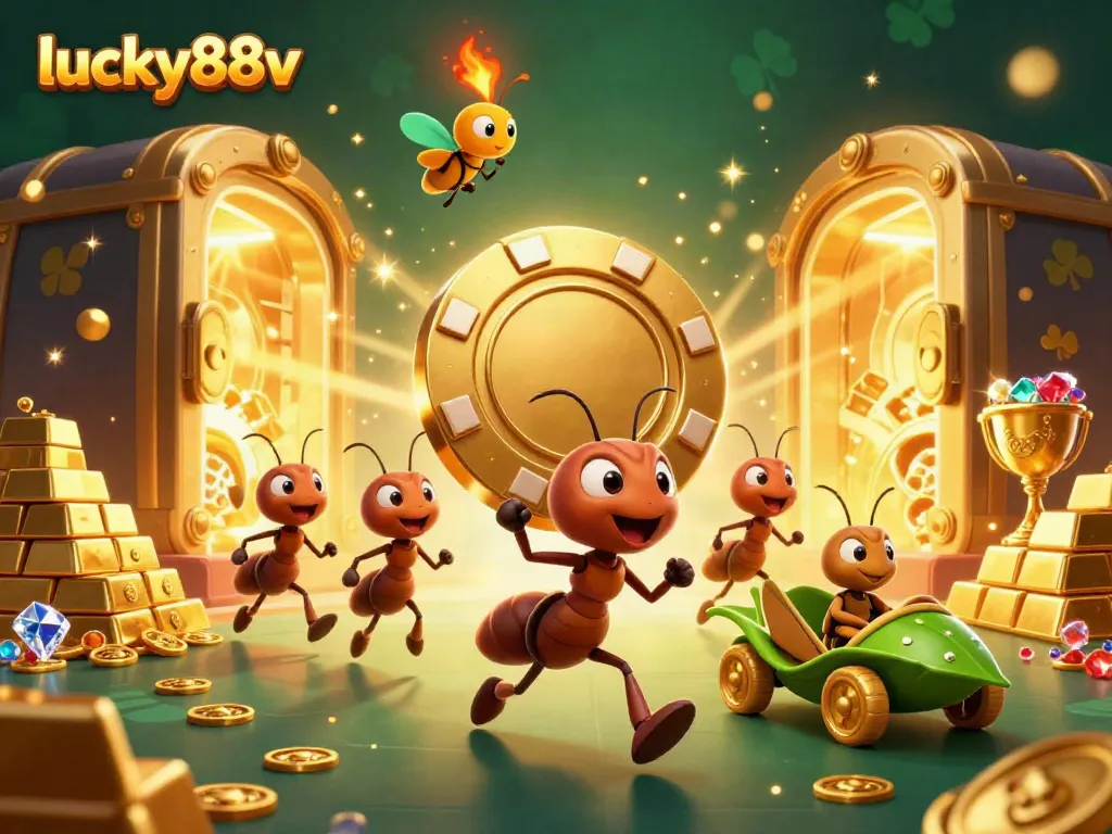 Join the heist at lucky88v as ants carry a giant poker chip through a dazzling casino tunnel filled with treasures.