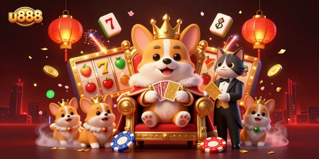 Spin and win at u888 with a cartoon royal corgi on a poker chip throne, showcasing slot reels and festive elements.