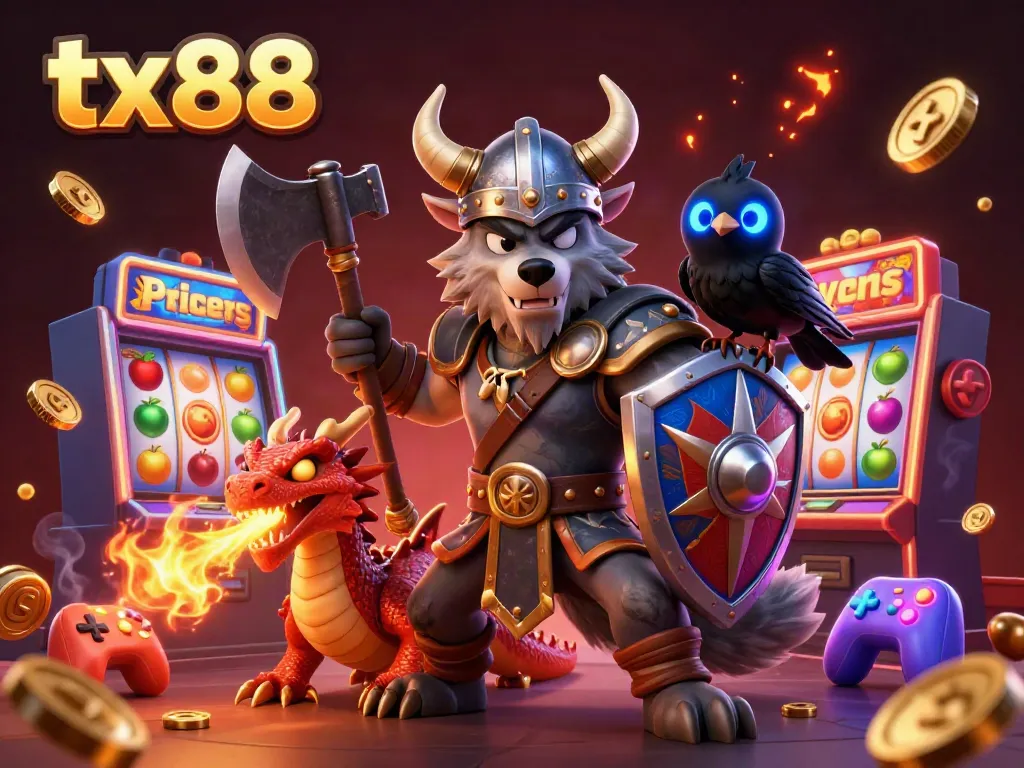 Experience excitement with tx88 as the Viking wolf and dragon showcase thrilling slot games in this vibrant casino scene.