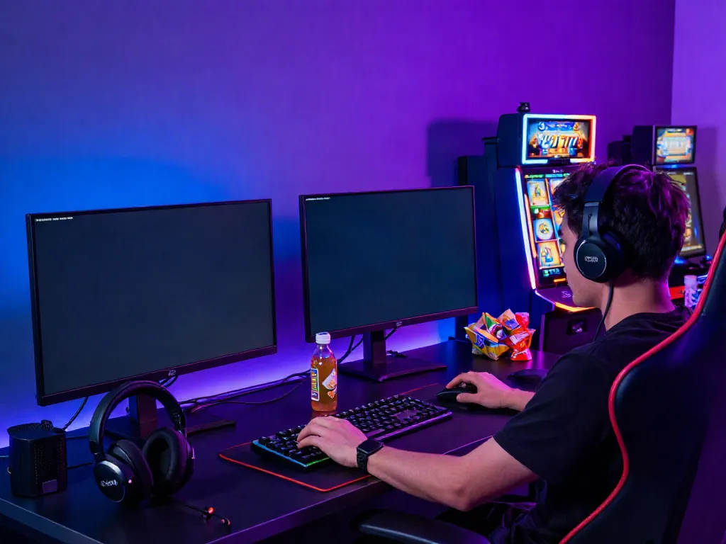Gamer enjoying SLOT777 online casino experience with vibrant graphics