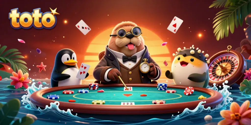 Gambaran ilustrasi 3D jolly walrus bermain poker di bawah laut dengan tema kasino "toto".