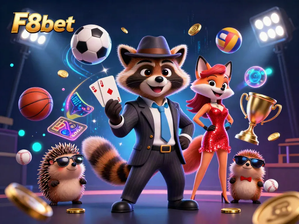 Dynamic F8bet illustration capturing a raccoon and fox lady amidst sports betting excitement