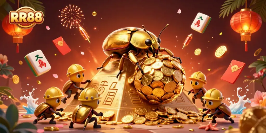 Engage with RR88 as a golden dung beetle collects coins in a vibrant 3D casino scene.